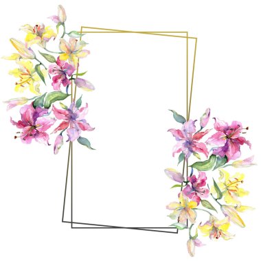 Kazablanka lilyum botanik çiçek sarı ve mor. Vahşi bahar yaprak izole. Suluboya arka plan illüstrasyon küme. Suluboya çizim moda aquarelle. Çerçeve kenarlığı kristal süsleme Meydanı.