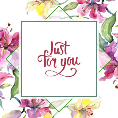 Sarı ve mor lilyum çiçek botanik çiçekler. Vahşi bahar yaprak izole. Suluboya arka plan illüstrasyon küme. Suluboya çizim moda aquarelle. Çerçeve kenarlığı süsleme Meydanı.