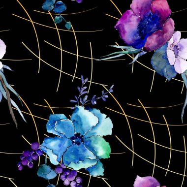 Buket çiçek botanik çiçekler. Vahşi bahar yaprak izole kır çiçeği. Suluboya resim kümesi. Suluboya çizim moda aquarelle. Sorunsuz arka plan deseni. Kumaş duvar kağıdı yazdırma doku.