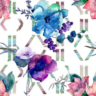 Buket çiçek botanik çiçekler. Vahşi bahar yaprak izole kır çiçeği. Suluboya resim kümesi. Suluboya çizim moda aquarelle. Sorunsuz arka plan deseni. Kumaş duvar kağıdı yazdırma doku.