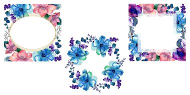 Buket çiçek botanik çiçekler. Vahşi bahar yaprak izole kır çiçeği. Suluboya arka plan illüstrasyon küme. Suluboya çizim moda aquarelle izole. Çerçeve kenarlığı süsleme Meydanı.