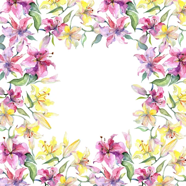 黄色と紫リリーズ花植物の花 野生春葉が分離されました 水彩画背景イラスト セット 水彩描画ファッション Aquarelle フレーム枠飾りスクエア — ストック写真