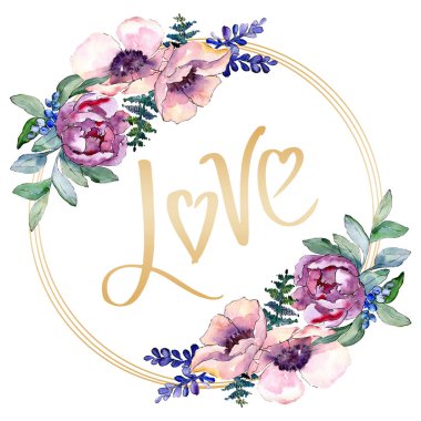 Mor buket botanik çiçek. Vahşi bahar yaprak izole kır çiçeği. Suluboya arka plan illüstrasyon küme. Suluboya çizim moda aquarelle izole. Çerçeve kenarlığı süsleme Meydanı.