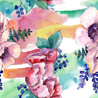 Mor buket botanik çiçek. Vahşi bahar yaprak izole. Suluboya resim kümesi. Suluboya çizim moda aquarelle. Sorunsuz arka plan deseni. Kumaş duvar kağıdı yazdırma doku.