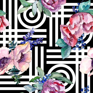 Mor buket botanik çiçek. Vahşi bahar yaprak izole. Suluboya resim kümesi. Suluboya çizim moda aquarelle. Sorunsuz arka plan deseni. Kumaş duvar kağıdı yazdırma doku.