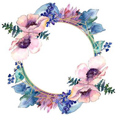 Mor buket botanik çiçek. Vahşi bahar yaprak izole kır çiçeği. Suluboya arka plan illüstrasyon küme. Suluboya çizim moda aquarelle. Çerçeve kenarlığı kristal süsleme Meydanı.