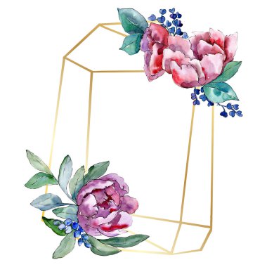 Mor buket botanik çiçek. Vahşi bahar yaprak izole kır çiçeği. Suluboya arka plan illüstrasyon küme. Suluboya çizim moda aquarelle. Çerçeve kenarlığı kristal süsleme Meydanı.