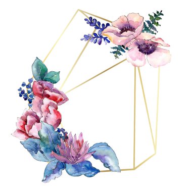 Mor buket botanik çiçek. Vahşi bahar yaprak izole kır çiçeği. Suluboya arka plan illüstrasyon küme. Suluboya çizim moda aquarelle. Çerçeve kenarlığı kristal süsleme Meydanı.