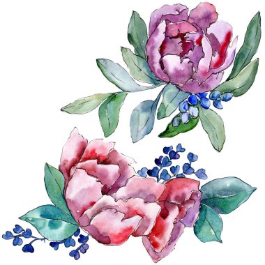 Mor buket foral botanik çiçek. Vahşi bahar yaprak izole kır çiçeği. Suluboya arka plan illüstrasyon küme. Suluboya çizim moda aquarelle. İzole buket illüstrasyon öğesi.