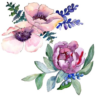 Mor buket foral botanik çiçek. Vahşi bahar yaprak izole kır çiçeği. Suluboya arka plan illüstrasyon küme. Suluboya çizim moda aquarelle. İzole buket illüstrasyon öğesi.