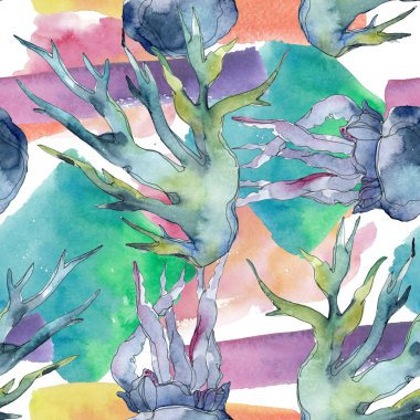 Renkli su sualtı doğa mercan kayalığı. Tropikal bitki deniz öğe. Suluboya resim kümesi. Suluboya çizim aquarelle. Sorunsuz arka plan deseni. Kumaş duvar kağıdı yazdırma doku.