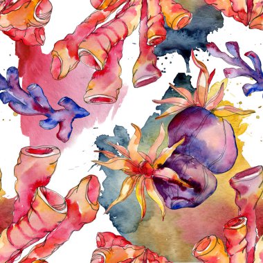 Renkli su sualtı doğa mercan kayalığı. Tropikal bitki deniz öğe. Suluboya resim kümesi. Suluboya çizim aquarelle. Sorunsuz arka plan deseni. Kumaş duvar kağıdı yazdırma doku.