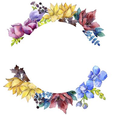 Buket kompozisyon çiçek botanik çiçekler. Vahşi bahar yaprak izole kır çiçeği. Suluboya arka plan illüstrasyon küme. Suluboya çizim moda aquarelle. Çerçeve kenarlığı süsleme Meydanı.