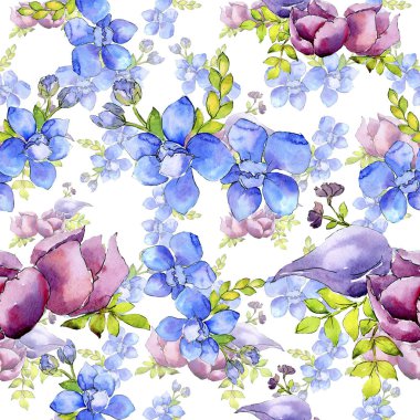 Buket kompozisyon botanik çiçek. Vahşi bahar yaprak kır çiçeği. Suluboya resim kümesi. Suluboya çizim moda aquarelle. Sorunsuz arka plan deseni. Kumaş duvar kağıdı yazdırma doku.