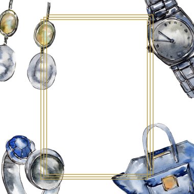 Bir suluboya stil izole aquarelle öğesi moda kroki. Giyim Aksesuarları trendy moda kıyafet ayarlayın. Suluboya arka plan illüstrasyon ayarlayın. Çerçeve kenarlığı süsleme Meydanı.