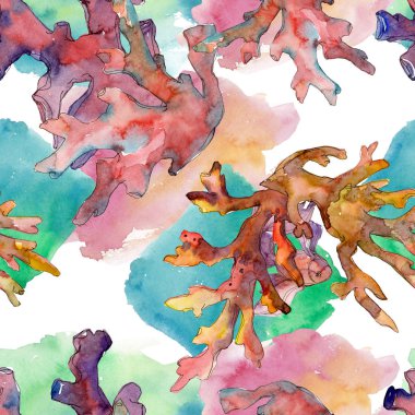 Kırmızı ve sarı su sualtı doğa mercan kayalığı. Suluboya resim kümesi. Suluboya çizim moda aquarelle izole. Sorunsuz arka plan deseni. Kumaş duvar kağıdı yazdırma doku.