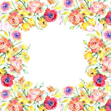 Sarı ve kırmızı çiçek botanik çiçekler buket. Vahşi bahar yaprak izole kır çiçeği. Suluboya arka plan illüstrasyon küme. Suluboya çizim moda aquarelle. Çerçeve kenarlığı süsleme Meydanı.