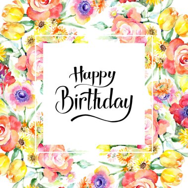 Sarı ve kırmızı çiçek botanik çiçekler buket. Vahşi bahar yaprak izole kır çiçeği. Suluboya arka plan illüstrasyon küme. Suluboya çizim moda aquarelle. Çerçeve kenarlığı süsleme Meydanı.