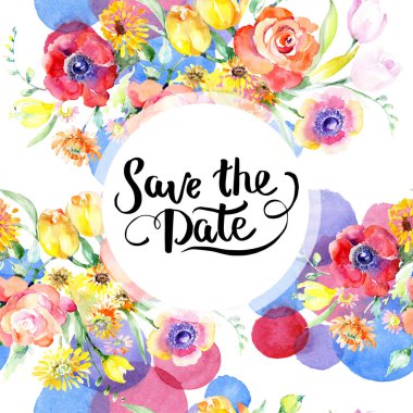 Sarı ve kırmızı çiçek botanik çiçekler buket. Vahşi bahar yaprak izole kır çiçeği. Suluboya arka plan illüstrasyon küme. Suluboya çizim moda aquarelle. Çerçeve kenarlığı süsleme Meydanı.