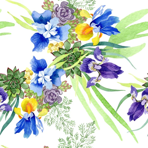 Ramo Iris Azules Flores Botánicas Hoja Primavera Salvaje Aislada Juego — Foto de Stock