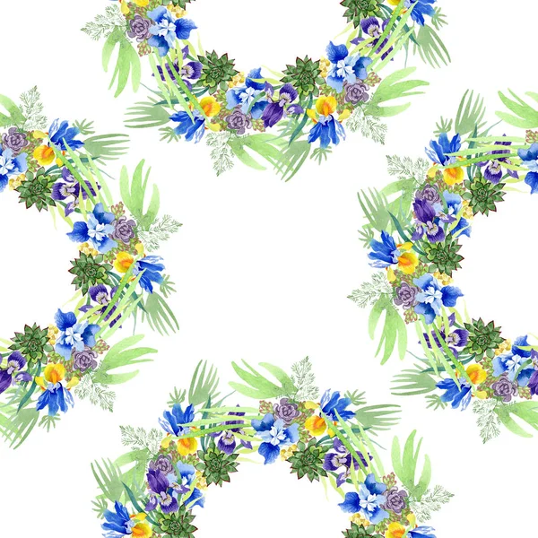 蓝色虹膜花束植物花 被隔绝的狂放的春天叶子 水彩插图集 水彩画时尚水彩画 无缝的背景模式 织物壁纸打印纹理 — 图库照片
