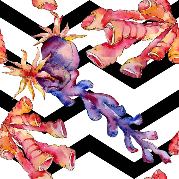 五颜六色的水下水生自然珊瑚礁 热带植物海元 水彩插图集 水彩画水族馆 无缝的背景模式 织物壁纸打印纹理 — 图库照片