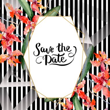 Mercan orkide dalı. Botanik çiçek. Vahşi bahar yaprak izole kır çiçeği. Suluboya arka plan illüstrasyon küme. Suluboya çizim moda aquarelle. Çerçeve kenarlığı süsleme Meydanı.