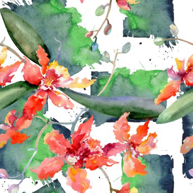 Mercan orkide botanik çiçek dalı. Vahşi bahar yaprak izole. Suluboya resim kümesi. Suluboya çizim moda aquarelle. Sorunsuz arka plan deseni. Kumaş duvar kağıdı yazdırma doku.