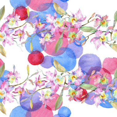 Buket pembe orkide botanik çiçek. Vahşi bahar yaprak izole. Suluboya resim kümesi. Suluboya çizim moda aquarelle. Sorunsuz arka plan deseni. Kumaş duvar kağıdı yazdırma doku.