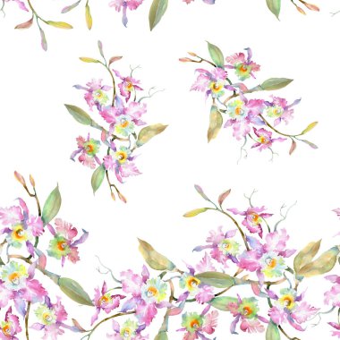 Buket pembe orkide botanik çiçek. Vahşi bahar yaprak izole. Suluboya resim kümesi. Suluboya çizim moda aquarelle. Sorunsuz arka plan deseni. Kumaş duvar kağıdı yazdırma doku.