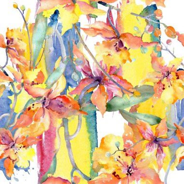 Sarı orkide botanik çiçek dalı. Vahşi bahar yaprak izole. Suluboya resim kümesi. Suluboya çizim moda aquarelle. Sorunsuz arka plan deseni. Kumaş duvar kağıdı yazdırma doku.