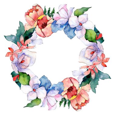 Buketler çiçek botanik çiçekler. Vahşi bahar yaprak izole kır çiçeği. Suluboya arka plan illüstrasyon küme. Suluboya çizim moda aquarelle izole. Çerçeve kenarlığı süsleme Meydanı.
