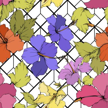 Vektör Hibiscus çiçek botanik çiçek. Egzotik tropik hawaiian yaz. Beyaz arka plan üzerinde oyulmuş mürekkep sanat. Sorunsuz arka plan deseni. Kumaş duvar kağıdı yazdırma doku.