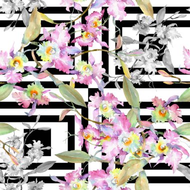 Buket pembe orkide botanik çiçek. Vahşi bahar yaprak izole. Suluboya resim kümesi. Suluboya çizim moda aquarelle. Sorunsuz arka plan deseni. Kumaş duvar kağıdı yazdırma doku.