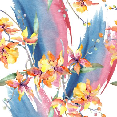 Sarı orkide botanik çiçek dalı. Vahşi bahar yaprak izole. Suluboya resim kümesi. Suluboya çizim moda aquarelle. Sorunsuz arka plan deseni. Kumaş duvar kağıdı yazdırma doku.