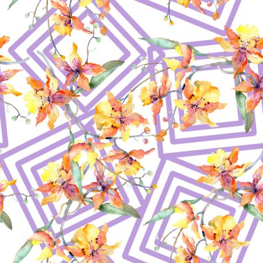 Sarı orkide botanik çiçek dalı. Vahşi bahar yaprak izole. Suluboya resim kümesi. Suluboya çizim moda aquarelle. Sorunsuz arka plan deseni. Kumaş duvar kağıdı yazdırma doku.