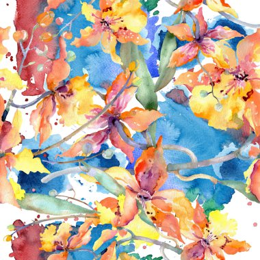 Sarı orkide botanik çiçek dalı. Vahşi bahar yaprak izole. Suluboya resim kümesi. Suluboya çizim moda aquarelle. Sorunsuz arka plan deseni. Kumaş duvar kağıdı yazdırma doku.