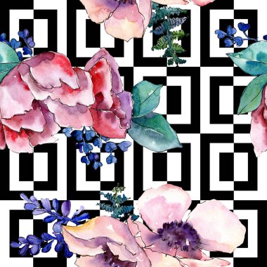 Mor buket botanik çiçek. Vahşi bahar yaprak izole. Suluboya resim kümesi. Suluboya çizim moda aquarelle. Sorunsuz arka plan deseni. Kumaş duvar kağıdı yazdırma doku.