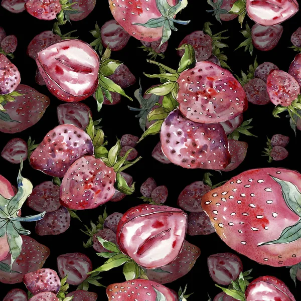 草莓健康食品在水彩画风格隔离 水彩插图集 水彩画时尚水彩画 无缝的背景模式 织物壁纸打印纹理 — 图库照片