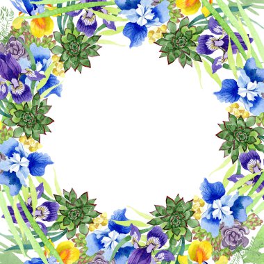 Mavi süsen buket çiçek botanik çiçekler. Vahşi bahar yaprak izole kır çiçeği. Suluboya arka plan illüstrasyon küme. Suluboya çizim moda aquarelle. Çerçeve kenarlığı süsleme Meydanı.