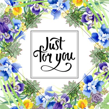 Mavi süsen buket çiçek botanik çiçekler. Vahşi bahar yaprak izole kır çiçeği. Suluboya arka plan illüstrasyon küme. Suluboya çizim moda aquarelle. Çerçeve kenarlığı süsleme Meydanı.