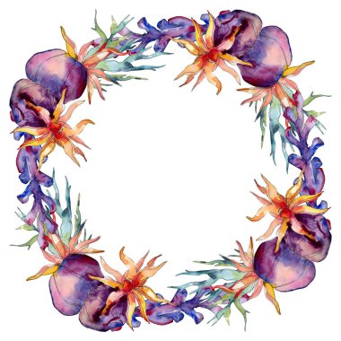 Renkli su sualtı doğa mercan kayalığı. Suluboya arka plan illüstrasyon küme. Çerçeve kenarlığı süsleme Meydanı.