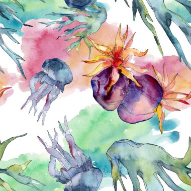 Renkli su sualtı doğa mercan kayalığı. Suluboya arka plan illüstrasyon küme. Sorunsuz arka plan deseni.