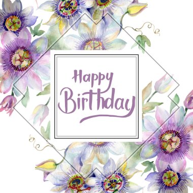 Mavi menekşe buketi çiçek botanik çiçekler. Suluboya arka plan illüstrasyon küme. Çerçeve kenarlığı süsleme Meydanı.