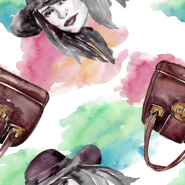 Moda kroki glamour çizimde bir suluboya stil izole öğesi. Sorunsuz arka plan deseni.