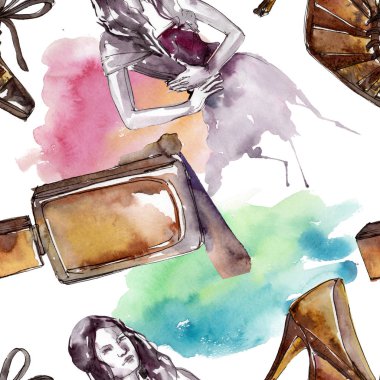 Moda kroki glamour çizimde bir suluboya stil izole öğesi. Sorunsuz arka plan deseni.