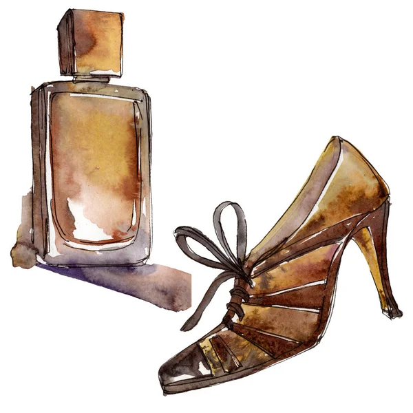 Parfémy a boty skica glamour ilustrace v izolovaných prvku akvarel styl. Pozadí sada. — Stock fotografie