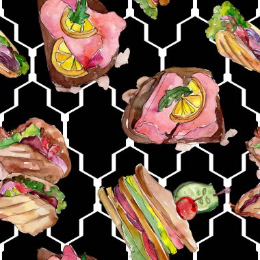 Bir suluboya tarzında sandviç. Suluboya lokanta illüstrasyon öğesi. Sorunsuz arka plan deseni.