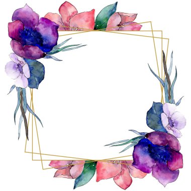 Buket çiçek botanik çiçekler. Suluboya arka plan illüstrasyon küme. Çerçeve kenarlığı kristal süsleme Meydanı.