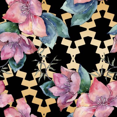 Buket çiçek botanik çiçekler. Suluboya arka plan illüstrasyon küme. Sorunsuz arka plan deseni.